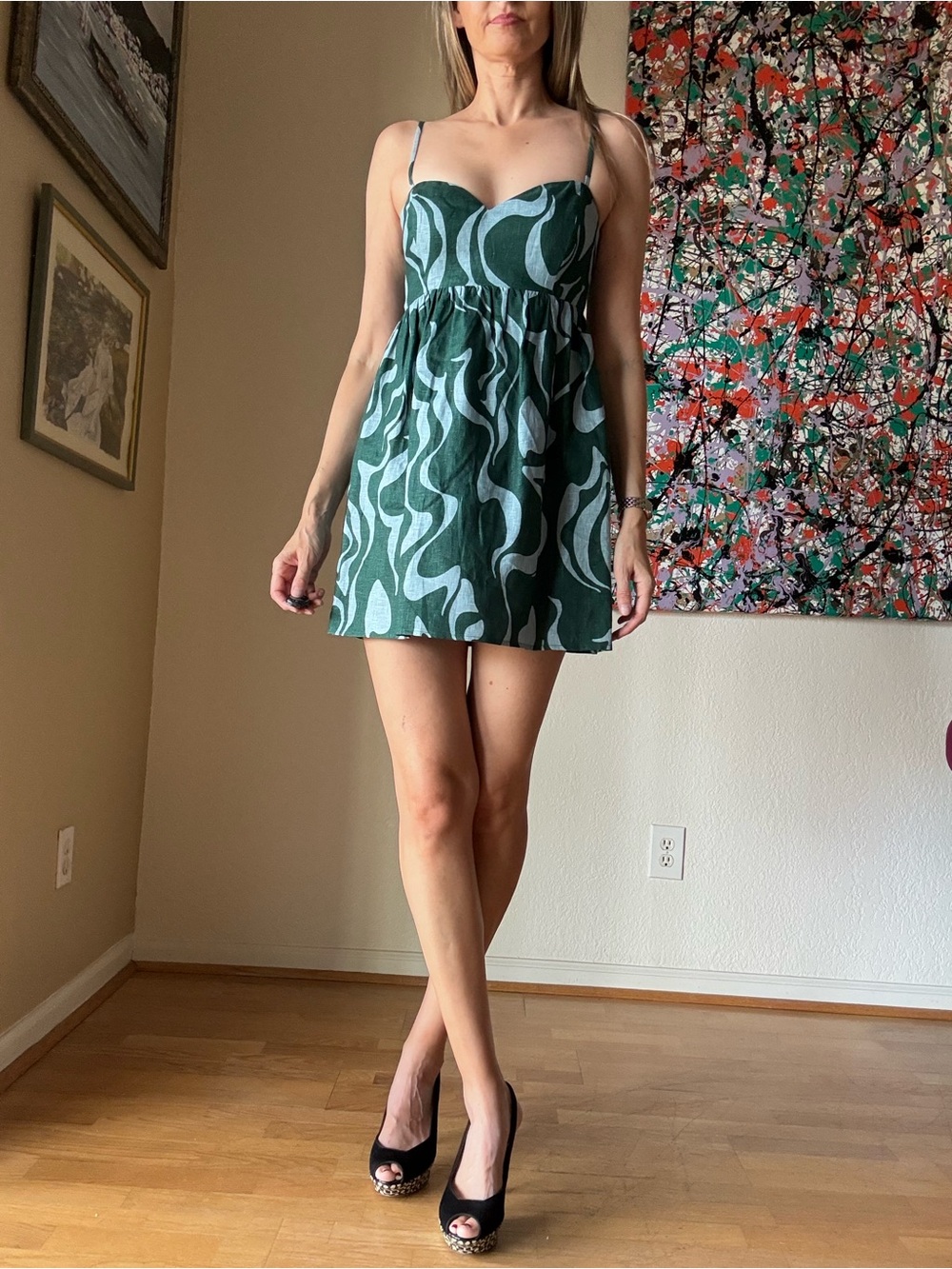 Reformation Green Wave-Print Spaghetti-Strap Mini Dress